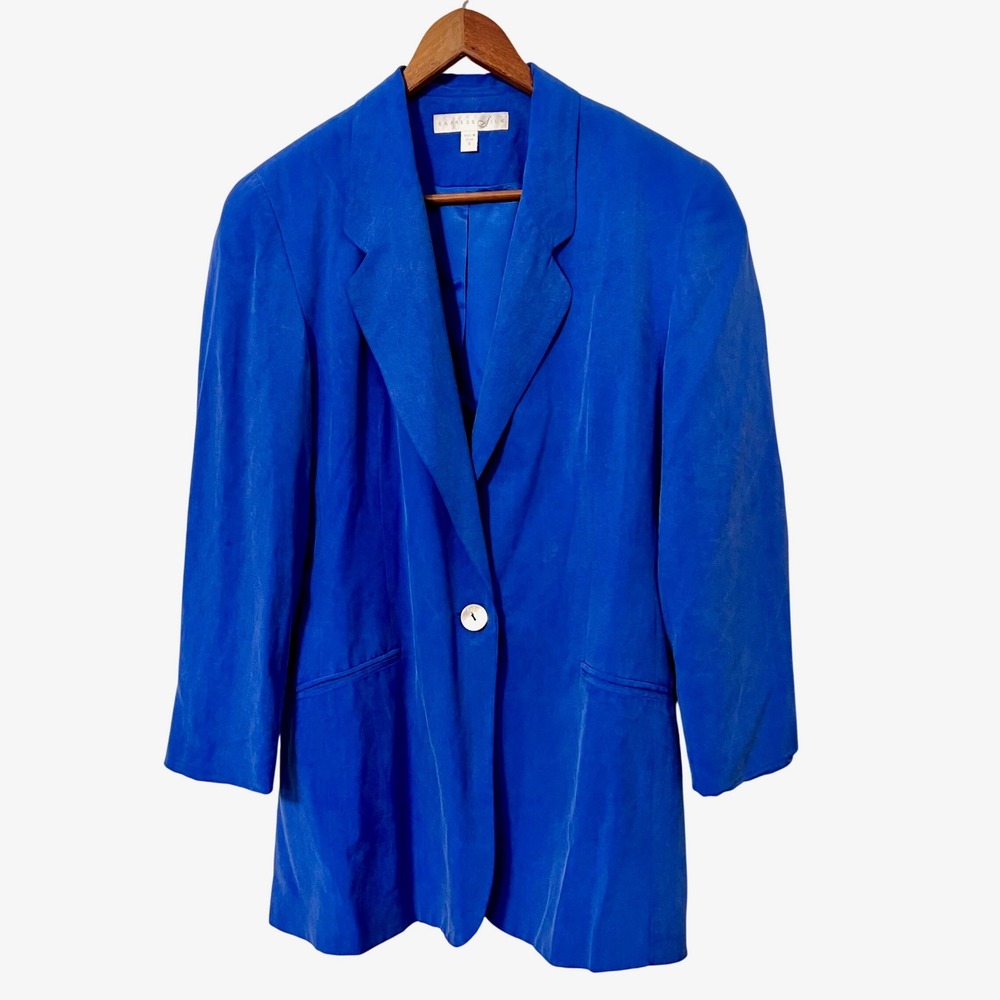 VTG EXPRESS SILK‎ Blue Single Button Blazer Jacket Women's Size S Boxy 80s